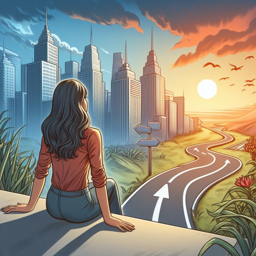 imagem criada por IA de uma mulher observando vários caminhos que ela tem para escolher no futuro, enquanto vê o pôr-do-sol.